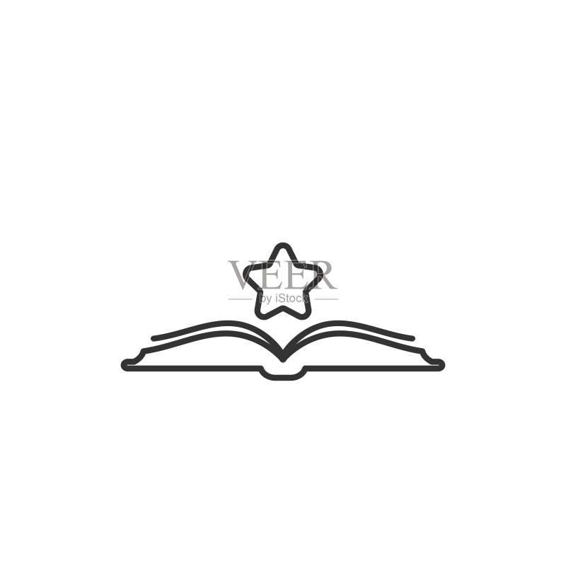 打开的书本，飞出星星。白色背景上的扁平线条图标。矢量图图标素材