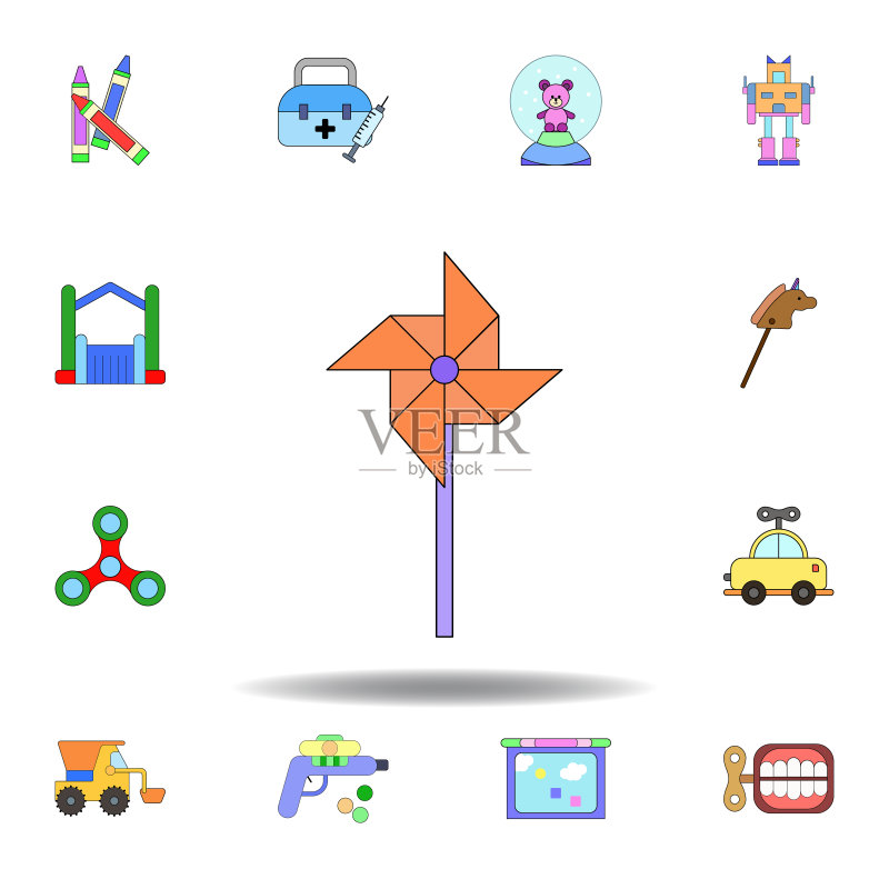 卡通彩色风车玩具图标：儿童玩具插画图标，适用于网页、logo、移动应用、UI和UX图标素材