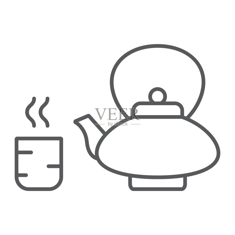 日本茶细线图标：亚洲和饮料，水壶和杯子图标素材