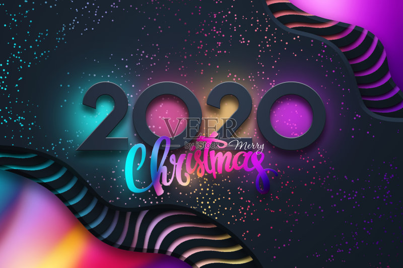 创意设计，新年快乐，霓虹数字2020设计。圣诞快乐，3D插图，3D渲染正版图片素材