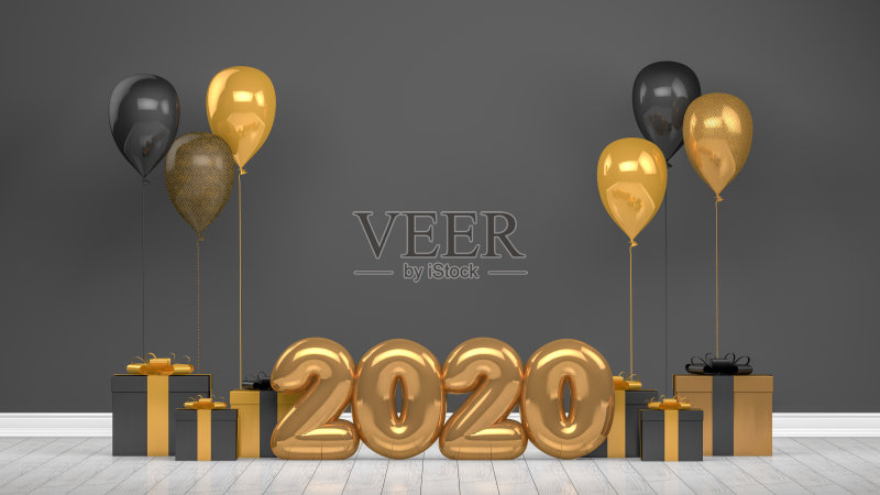 2020年新年闪亮的气球在空房间。圣诞节的概念正版插画素材