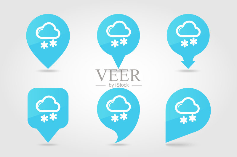 带有雪花图钉地图图标的云，气象天气图标素材