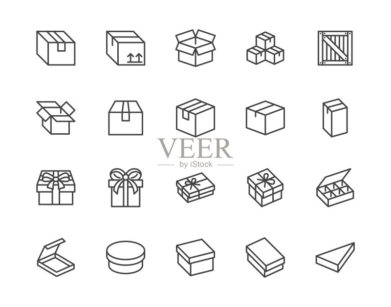 盒子扁平线条图标集：纸箱、木箱、产品包装、礼品矢量素材插图。适用于快递服务的简单轮廓标志。像素完美64x64。可编辑笔画图标素材
