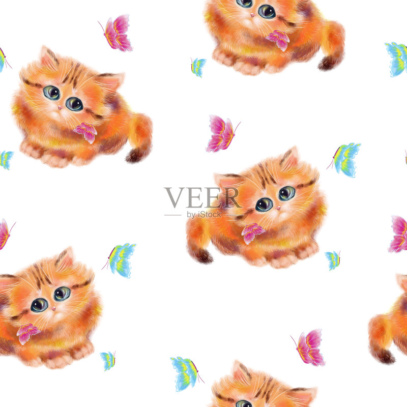 可爱的小猫水彩手绘无缝图案正版插画素材