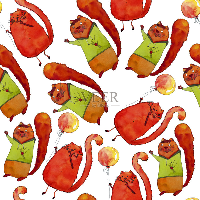 无缝图案的快乐红猫在白色的背景上画水彩正版插画素材