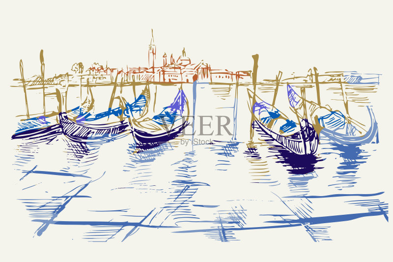 威尼斯背景下的贡多拉斯手绘彩色图画正版插画素材