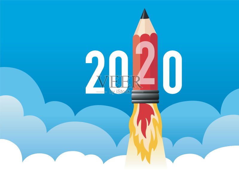 一个2020年贺卡的概念，显示一支火箭形状的铅笔。正版插画素材