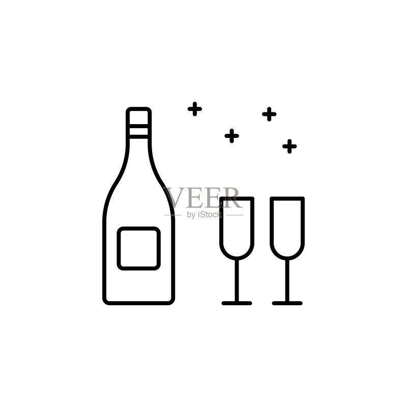 白色背景上的香槟圣诞玻璃杯线条图标图标素材