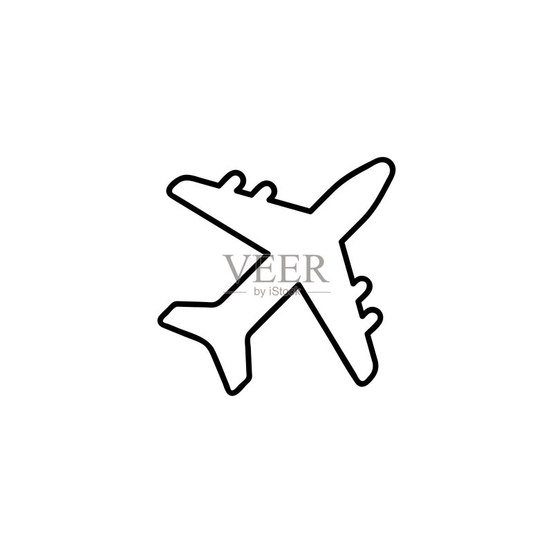 细轮廓风格飞机图标，航空运输轮廓矢量标志，白色线性象形图，Logo图示图标素材