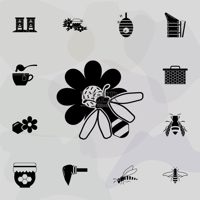 蜜蜂和花朵图标。网站设计和应用开发的通用养蜂图标集图标素材