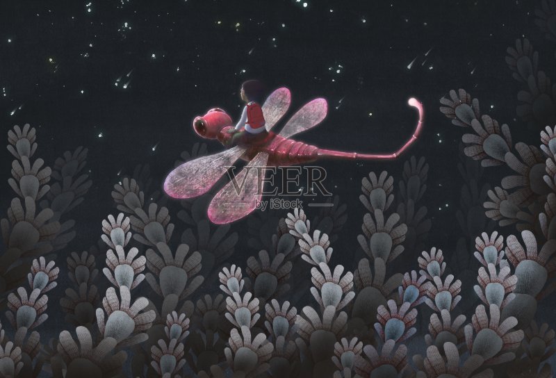 男孩骑着巨大的蜻蜓，幻想绘画插图正版插画素材