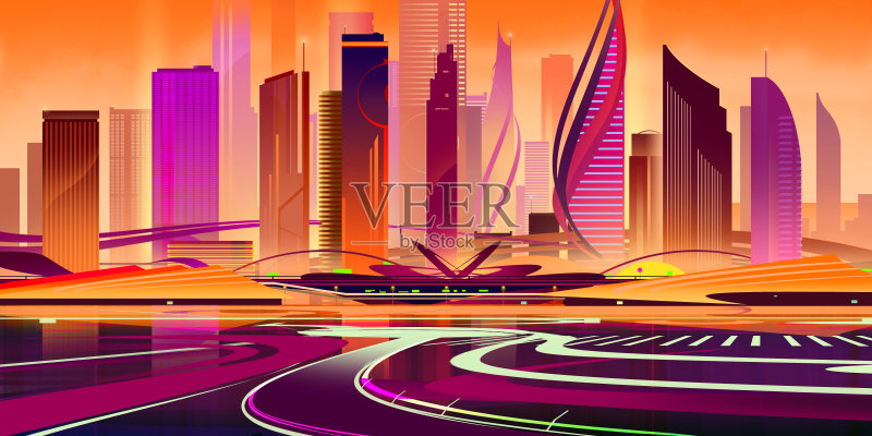 用夕阳下的人物描绘未来的平面城市正版插画素材