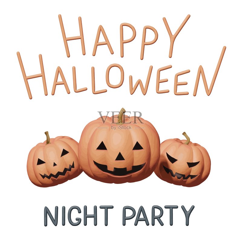 粘土矢量插图万圣节派对与橙色南瓜牙齿。手工制作的3d材料元素为快乐的万圣节，恐怖的节日设计。邪恶之夜派对的孤立想法，有趣的创意卡片。正版插画素材