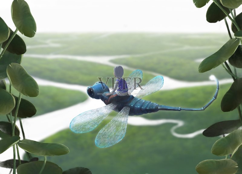 男孩骑着巨大的蜻蜓在大自然的景观中，想象正版插画素材