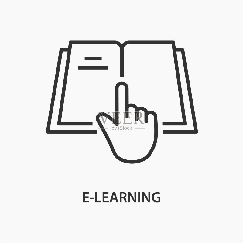 白色背景上的在线学习教育扁平线条图标图标素材