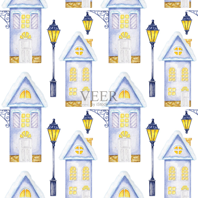 无缝图案的水彩圣诞冬季房子木门，发光的窗户，屋顶上有雪和路灯。明亮的颜色，白色背景上的蓝色房子。织物、纸张纹理正版插画素材