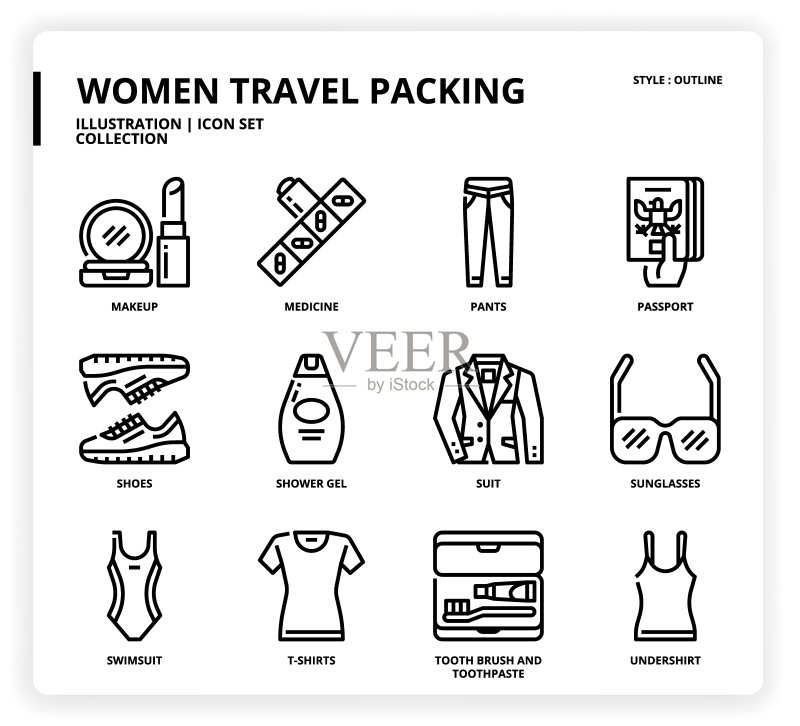 女性旅行打包图标集图标素材