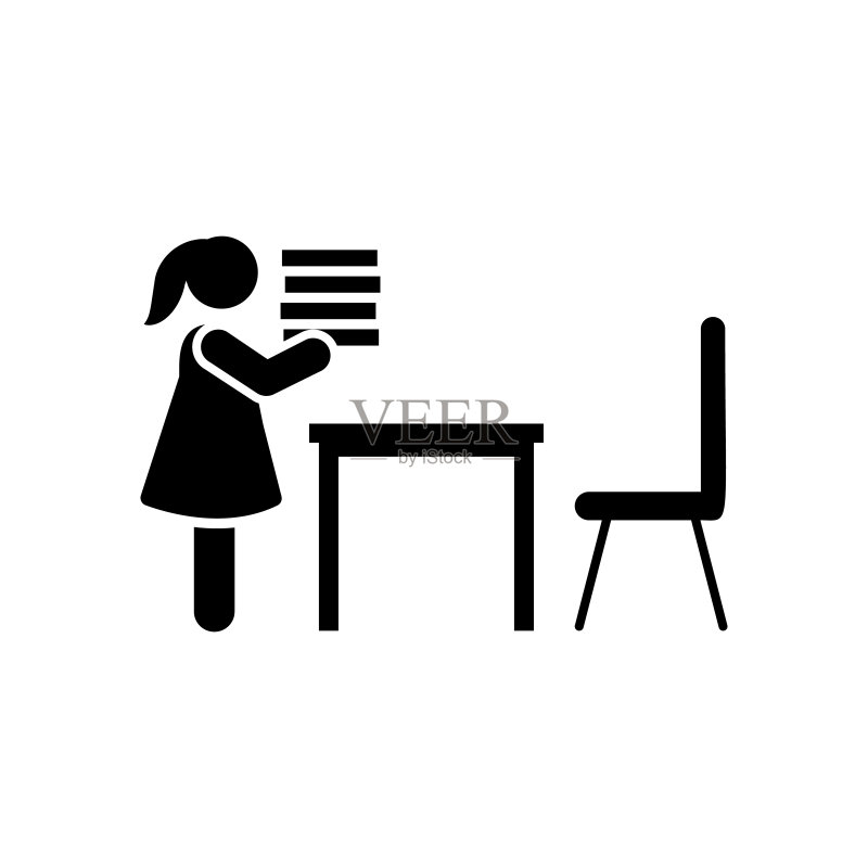 女孩抱着书在教室里的象形图图标素材
