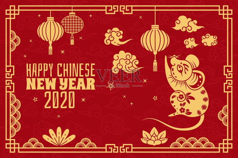 中国新年。2020红色概念与金鼠，传统东方图案。黄道带鼠标日历符号矢量背景正版插画素材