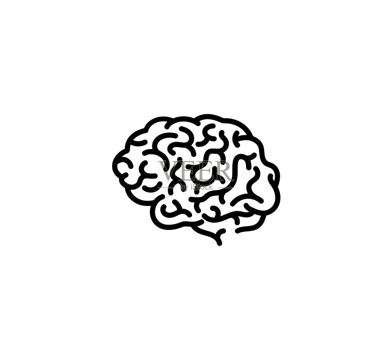 单色雕刻人脑侧视图，印刷风格插画，白色背景。大脑智能思维标志。中枢神经系统器官图标。图标素材