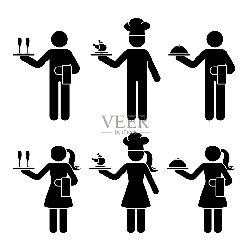 火柴人服务员、女服务员、厨师矢量图标集。手持香槟酒杯、鸡肉食物、托盘的餐厅服务图标素材