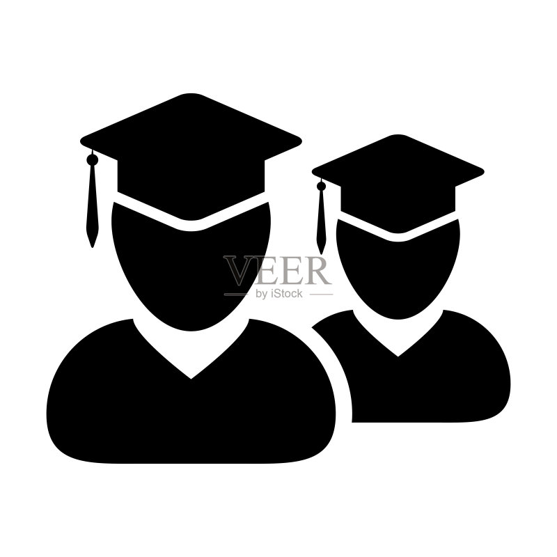 大学图标矢量男生团体学生头像，带有毕业帽符号，代表学校和平板彩色字形图中的大学毕业学位图标素材