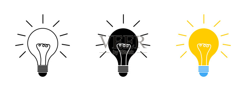 灯泡合集：创意符号，灯具概念，不同样式的灯泡矢量图标图标素材