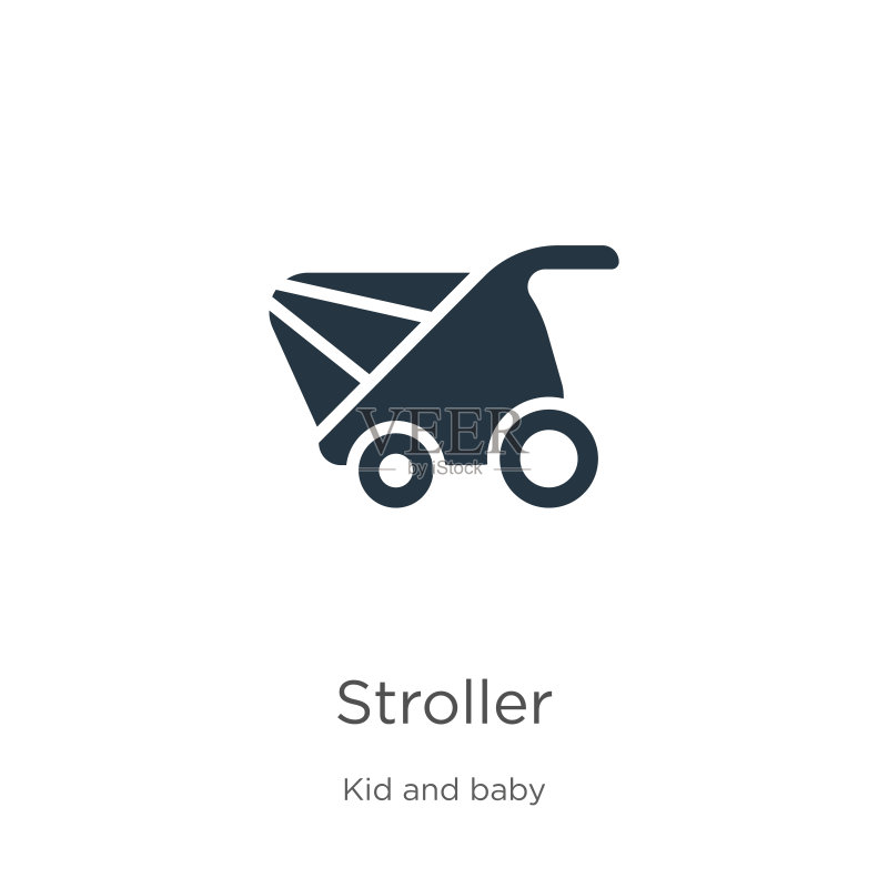 婴儿车图标矢量图。kid and baby系列中的流行扁平婴儿车图标，与白色背景隔离。矢量插图可用于Web和移动图形设计、徽标、eps10图标素材