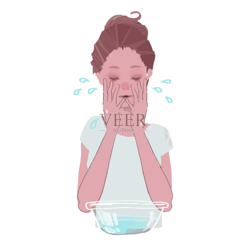 一个女人用盆洗脸的矢量插图正版插画素材
