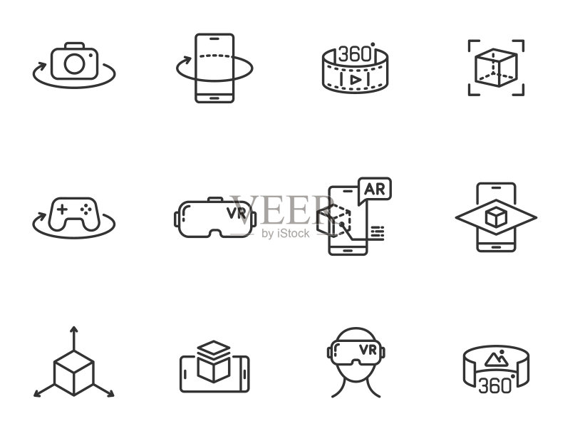 AR和VR线条图标集，虚拟和增强现实轮廓图标，适用于网页设计、移动应用、UI设计和印刷，3D可视化技术图标素材