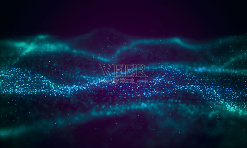 抽象数字彩色圆粒子在青色和紫色的黑色背景。3 d演示。正版图片素材