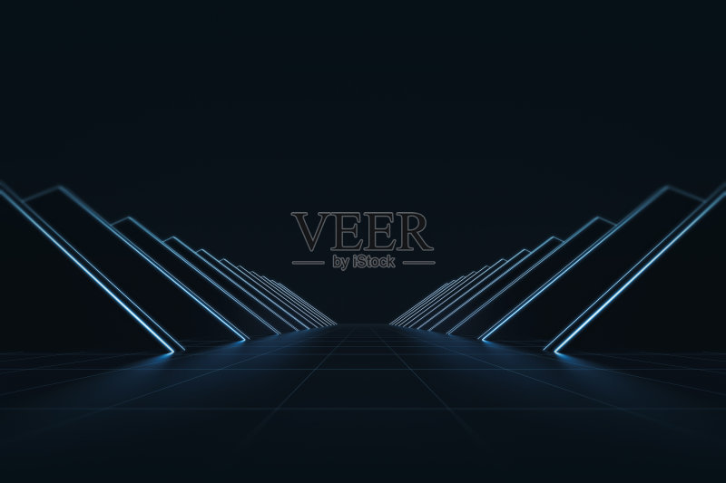 抽象的未来主义与发光的霓虹灯和网格线模式的背景。技术风格或几何背景。3 d渲染。正版图片素材