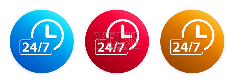 24/7时钟图标时尚圆形按钮套装图标素材