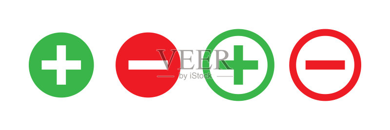 加号和减号矢量隔离绿色和红色图标。矢量图。加号图标简单添加符号矢量十字。机会符号。选中标记图标。图标素材