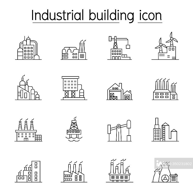 细线风格的工业建筑、工厂、车间图标集图标素材