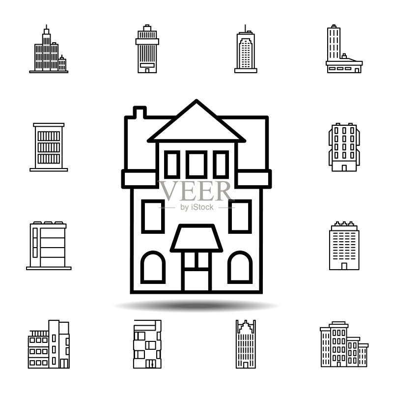 房屋轮廓图标：建筑图标集的简约轮廓矢量元素，适用于UI和UX、网站或移动应用图标素材