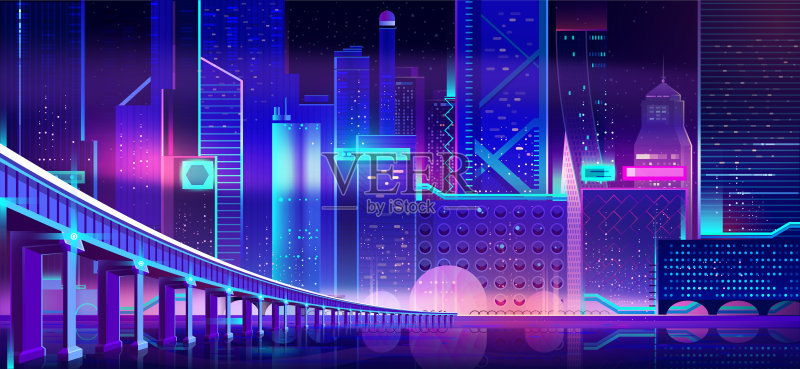 未来城市夜晚卡通矢量背景插画图片素材
