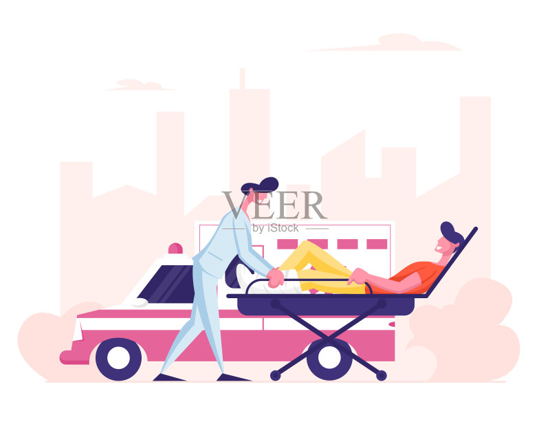 救护车医务人员服务职业。医护人员将骨折的病人送往医院。紧急救护医生性格和汽车，保健卡通平面矢量插图正版插画素材