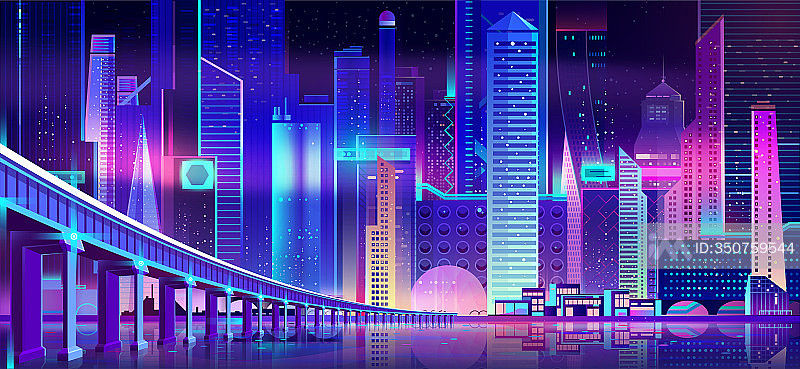 夜间城市：霓虹灯与海湾大桥插画图片素材