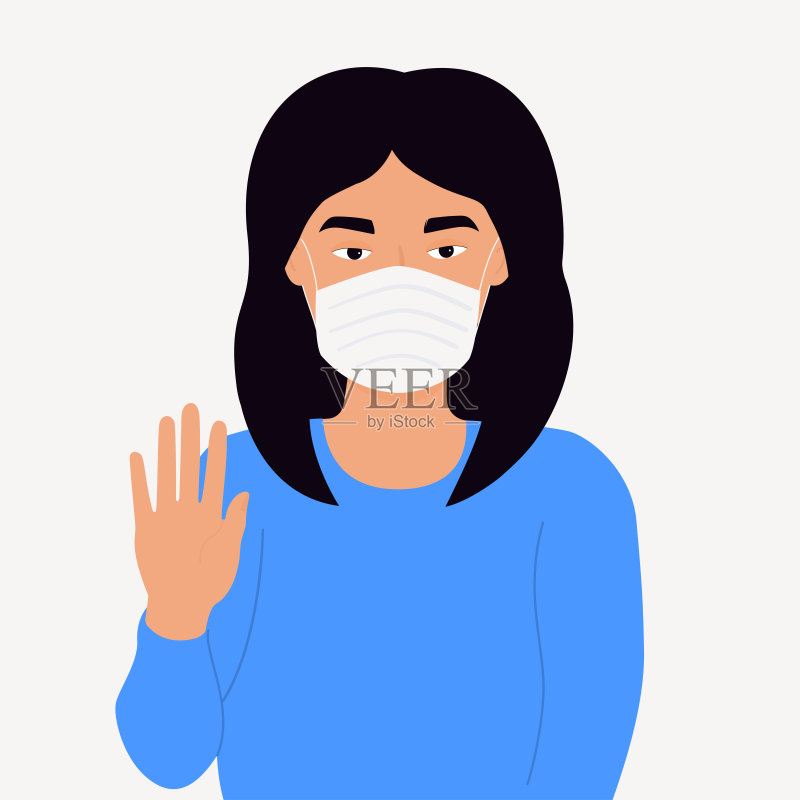 冠状病毒。小说2019 - ncov病毒。一名妇女戴着白色医用口罩，示意停止。隔离观念，预防感染正版插画素材