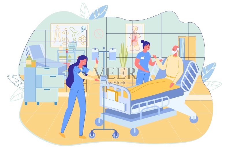 医院病房的护士、医生和老年病人。正版插画素材