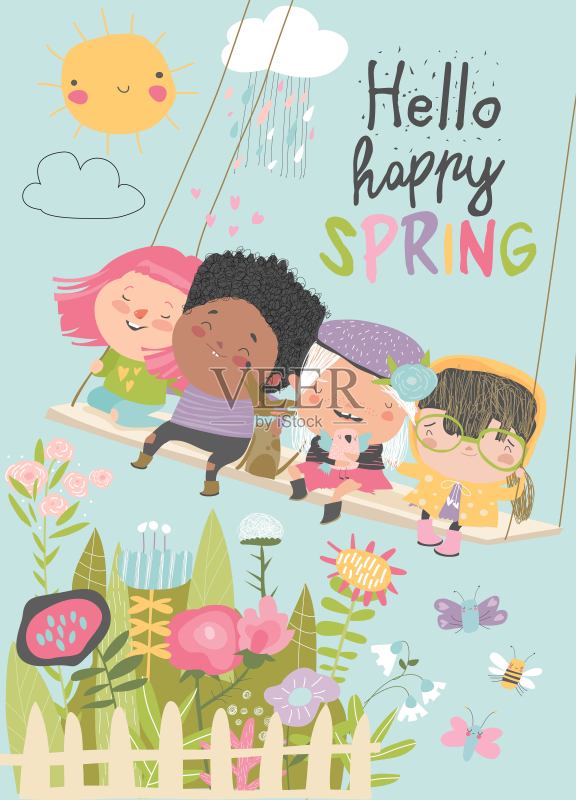 快乐的孩子们在春天的花园里荡秋千正版插画素材