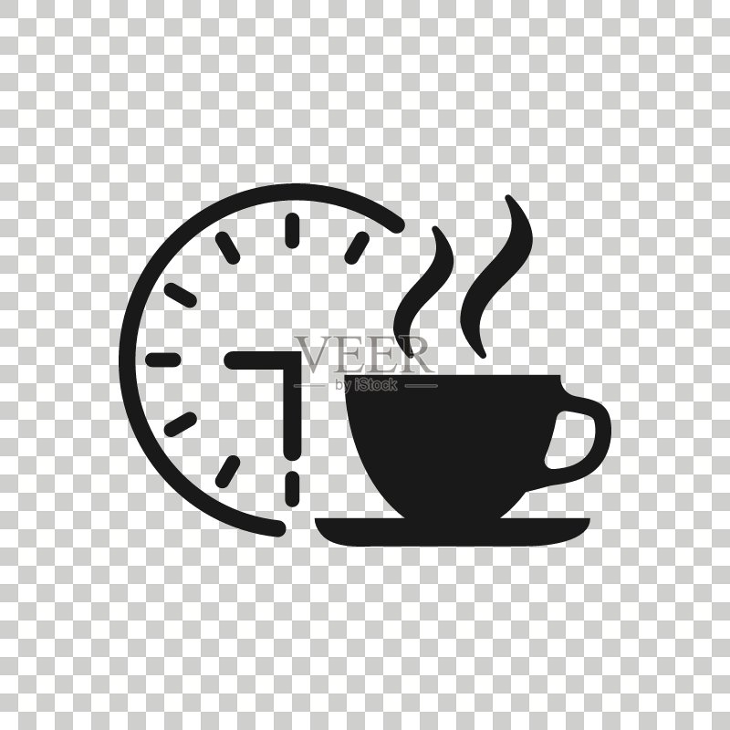 扁平风格的咖啡休息时间图标。带茶杯的时钟矢量图，白色背景。早餐时间商业概念图标素材