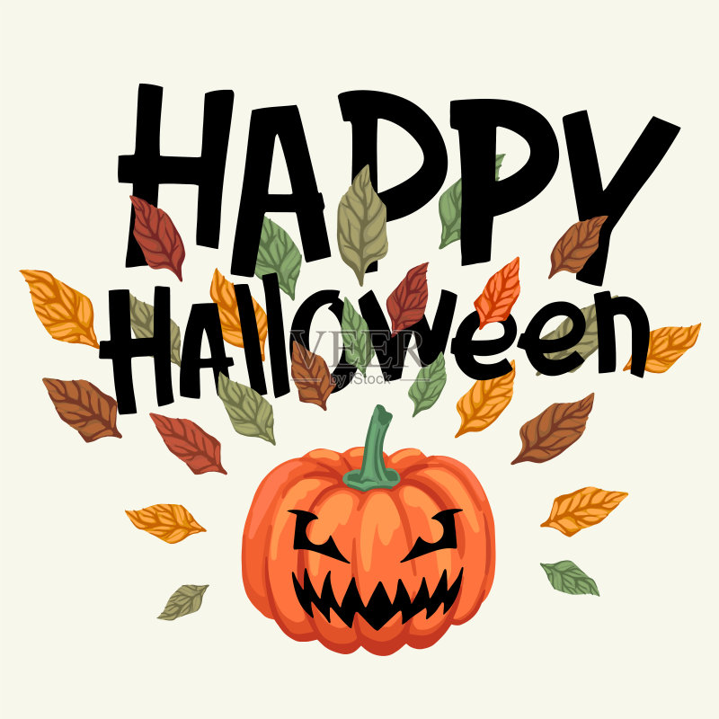 可怕的南瓜雕刻的脸。题词万圣节快乐，恭贺秋天的节日。秋天的落叶。矢量图正版插画素材