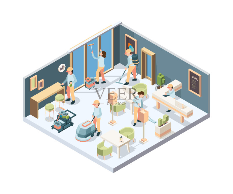 打扫屋子。专业清洁服务人员以手套、海绵、玻璃、地板等矢量等距擦拭房间正版元素素材