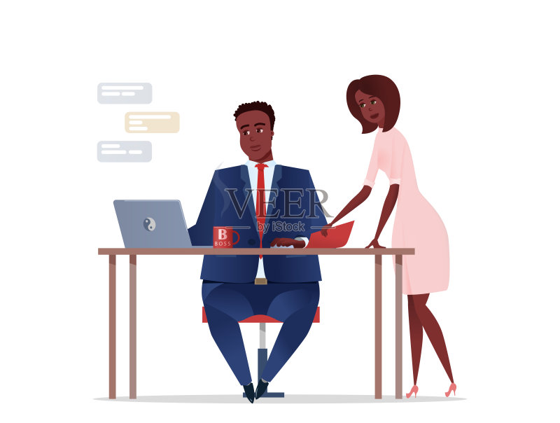 迷人的胖商人和他可爱的助手在办公室合作。正版插画素材