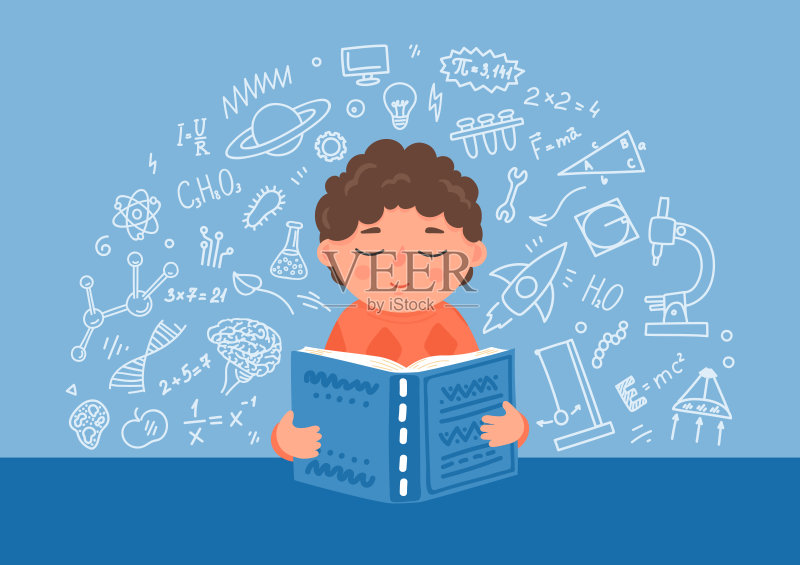 男孩读教科书。正版模板素材