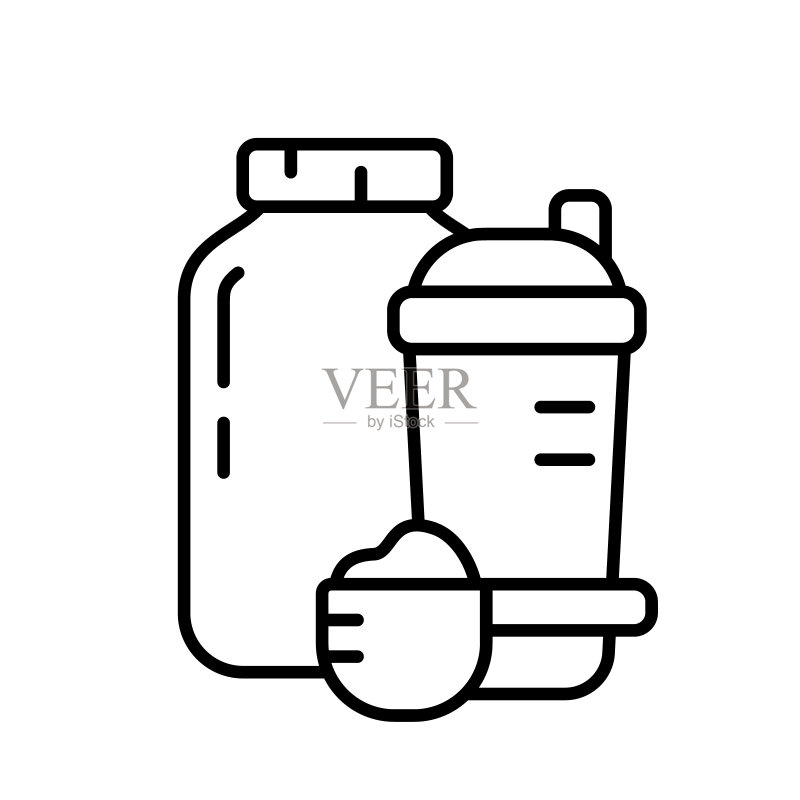 乳清蛋白瓶、摇杯、带干粉的量匙（线性图标）图标素材