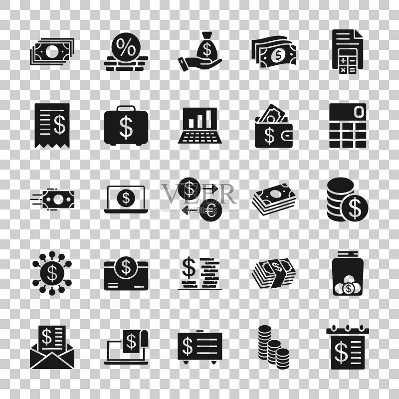 扁平风格的金融货币图标集：支付矢量素材，白色背景上的货币预算商务概念图标素材