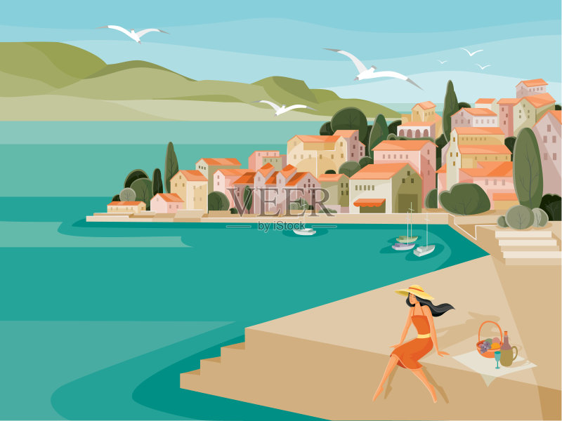一个炎热的夏天，一个戴帽子的女人在海边的堤岸上野餐，背景是红屋顶的房屋和游艇，海鸥在飞翔，正版插画素材
